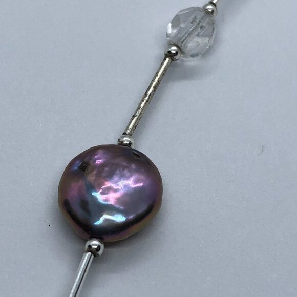 Stunning Sterling Silver, Crystal & Circle/ Square Button Pearl Vintage Necklace - Picture 3 of 7